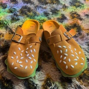 Birkenstock Womens Suede Clog in Mustard Yellow with Green Sole